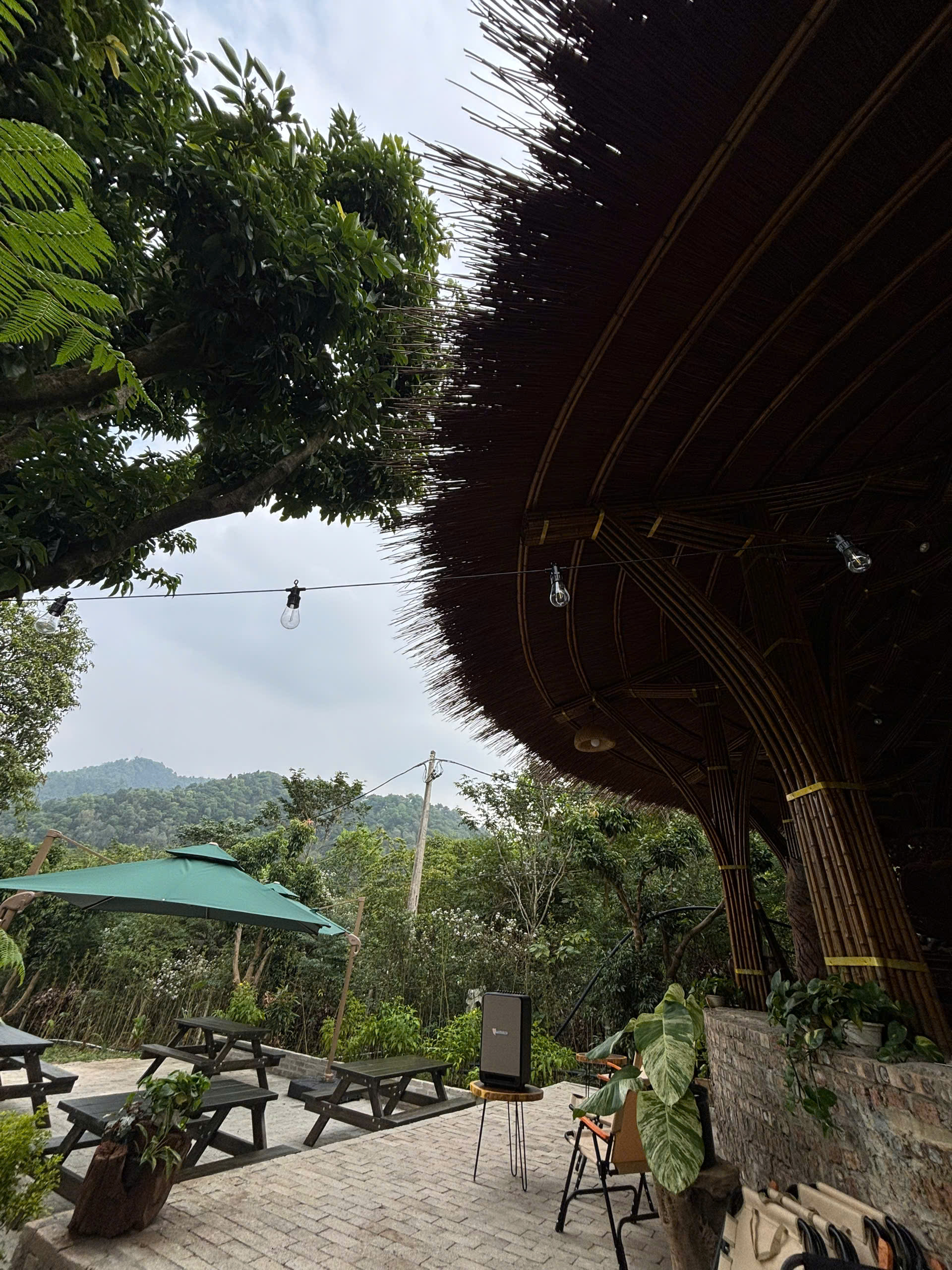 Mái vòm tre và bàn ăn ngoài trời, view núi